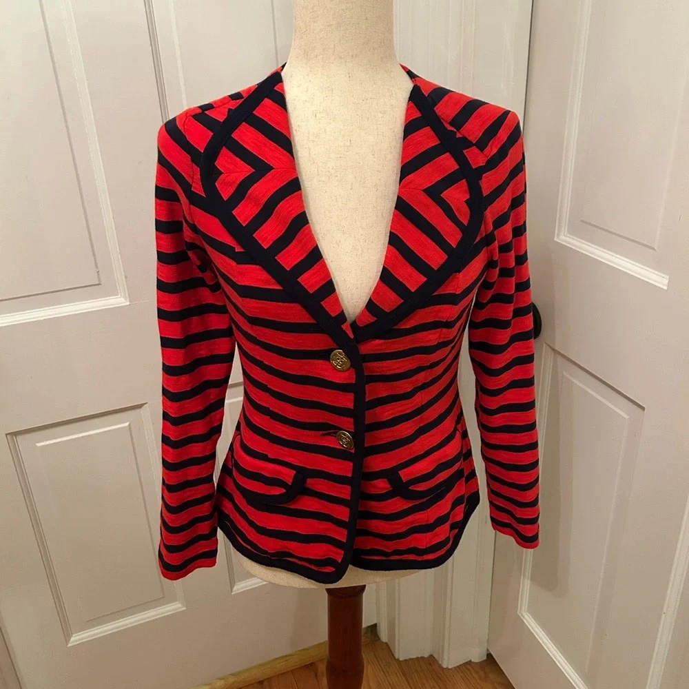 CAbi Au Revoir Yacht Club Red Blue Striped Nautical Blazer Gold Buttons XS‎